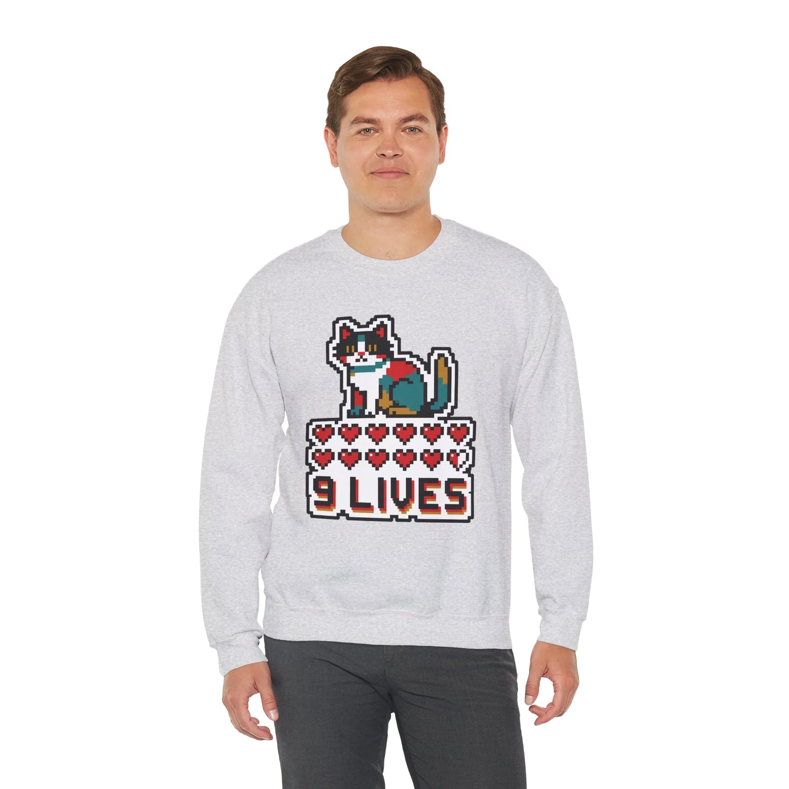 Nine Lives 8-Bit Pixel Gaming Cat Sweatshirt - Heavy Blend Fleece Crewneck - Unisex White