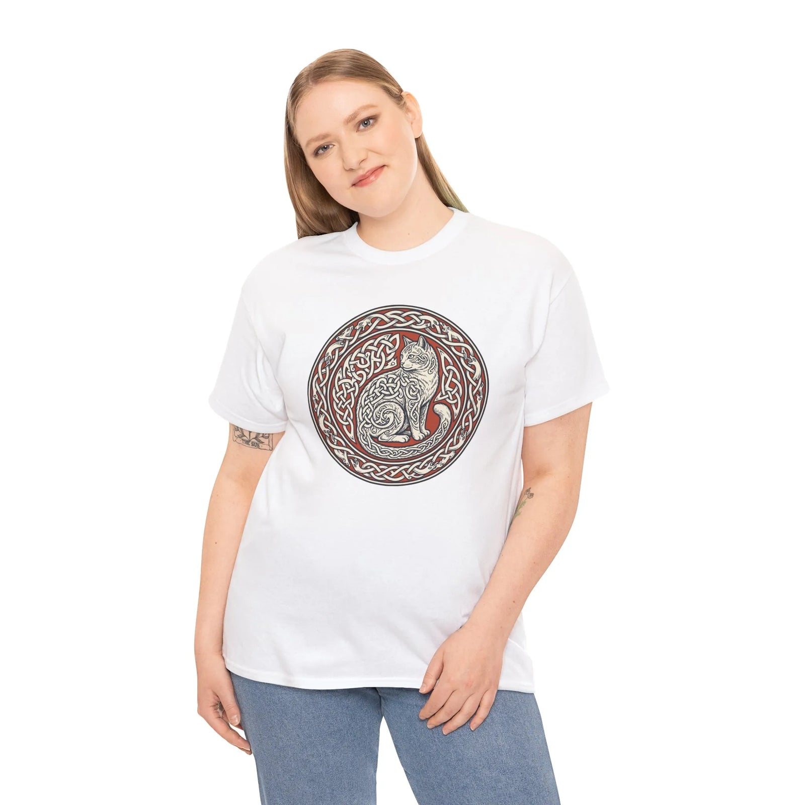 Norse Knotwork Cat Freyja T-Shirt - Heavy Cotton Classic Fit Tee - Unisex White