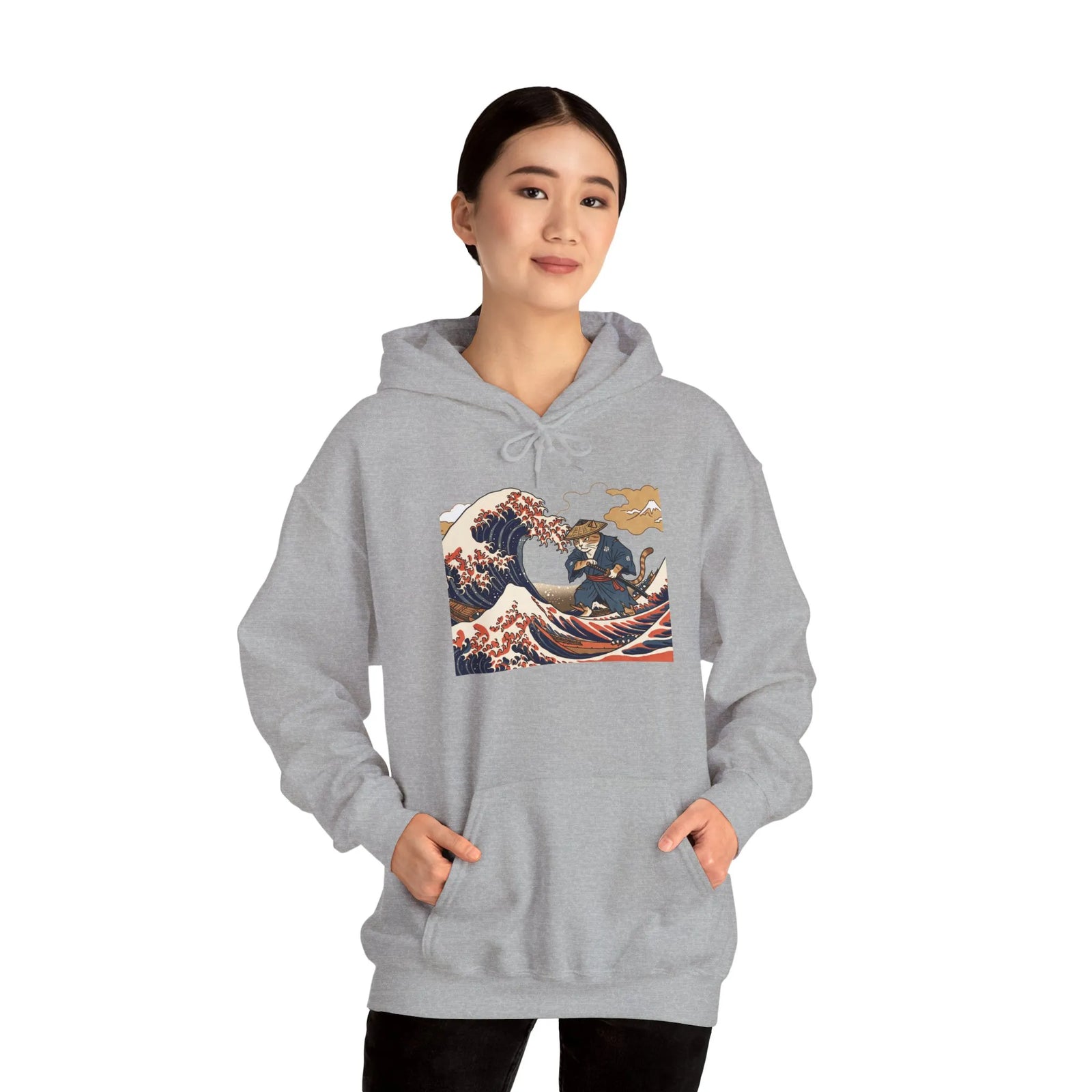 Ronin Wave Samurai Cat Ukiyo-e Hoodie - Heavy Blend Fleece Pullover - Unisex White