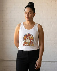 French Bulldog Retro 70s Sunset Tank Top - Lightweight Combed Cotton Tank - Unisex White