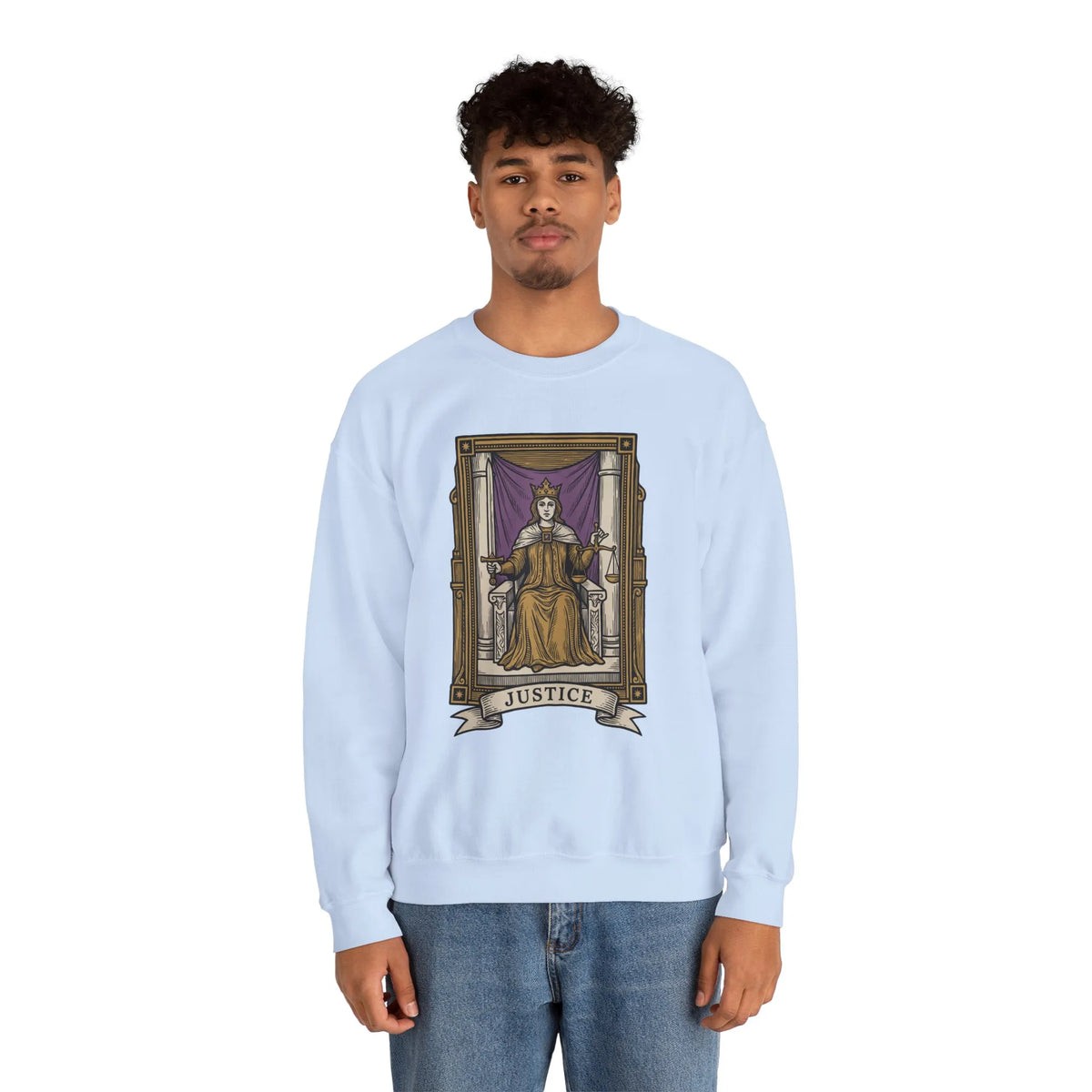 Justice Tarot Card Sweatshirt - Heavy Blend Cotton Poly Crewneck - Unisex White