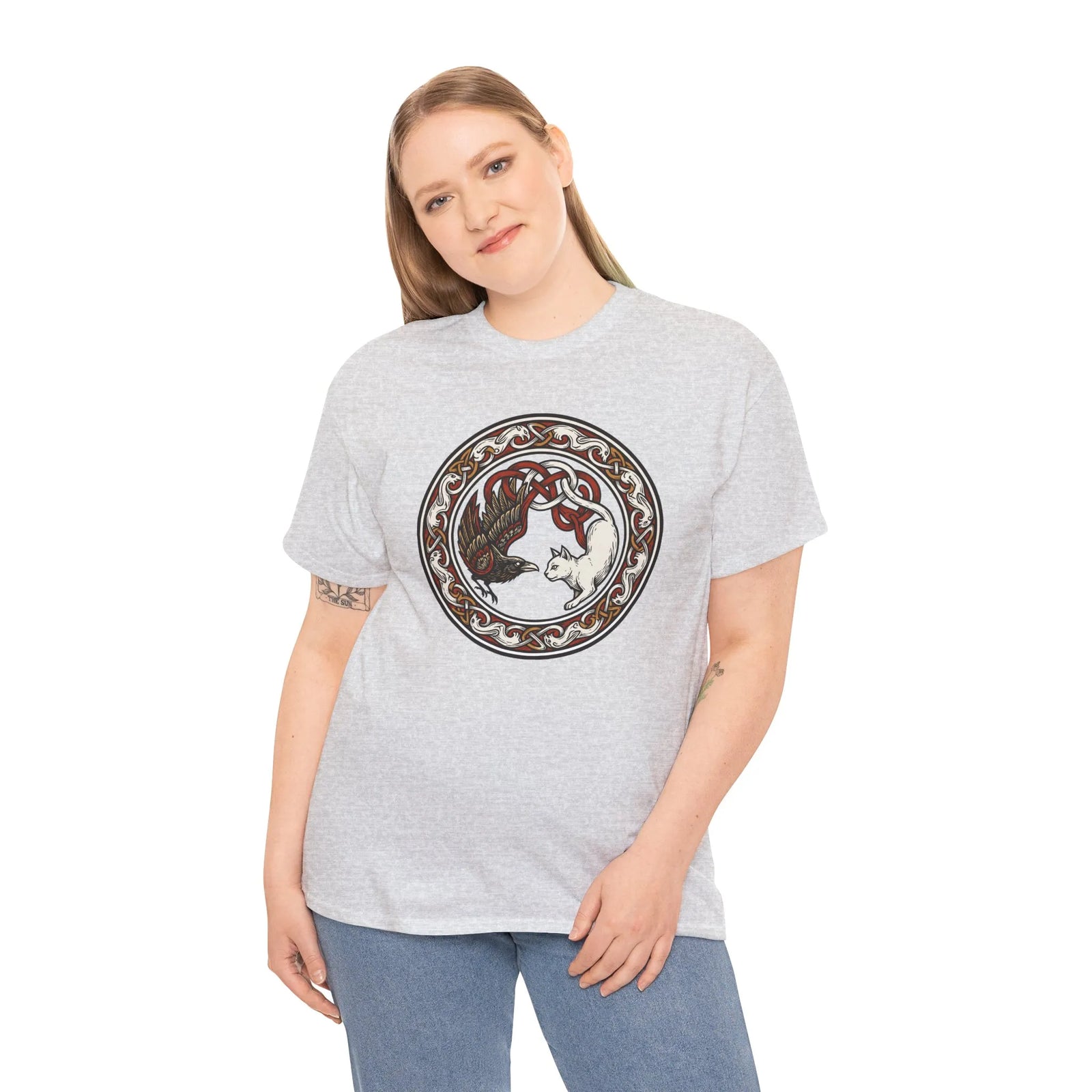 Norse Cat & Raven Woodcut T-Shirt - Heavy Cotton Classic Fit Tee - Unisex White