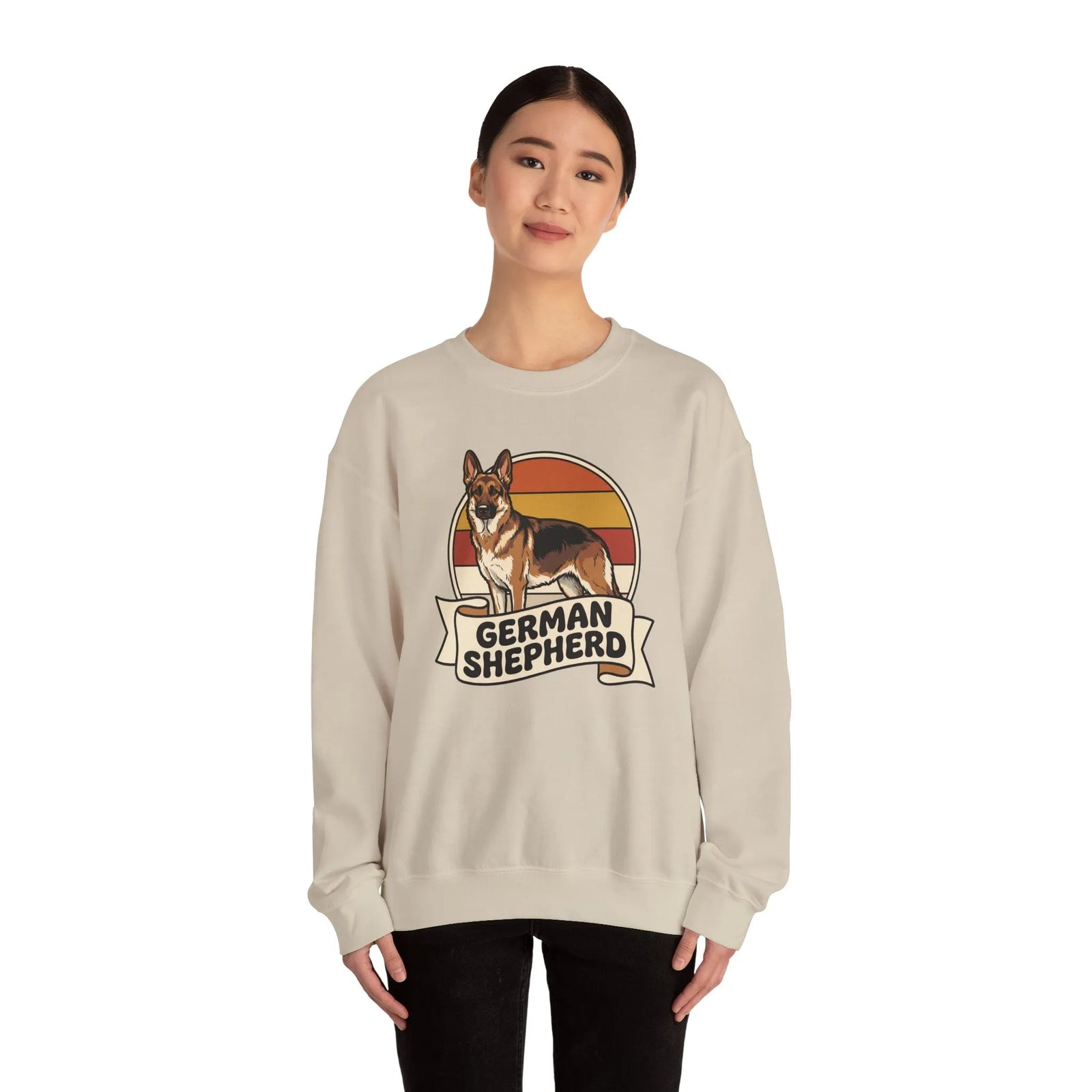 German Shepherd Retro 70s Sunset Sweatshirt - Heavy Blend Cotton Blend Crewneck - Unisex White