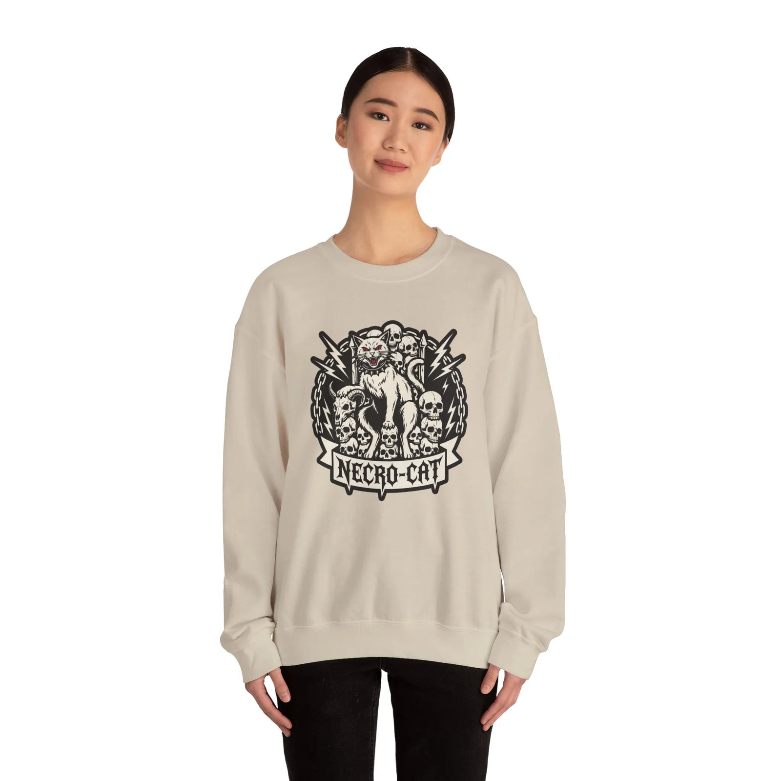 Skull Throne Heavy Metal Cats Sweatshirt - Heavy Blend Fleece Crewneck - Unisex White