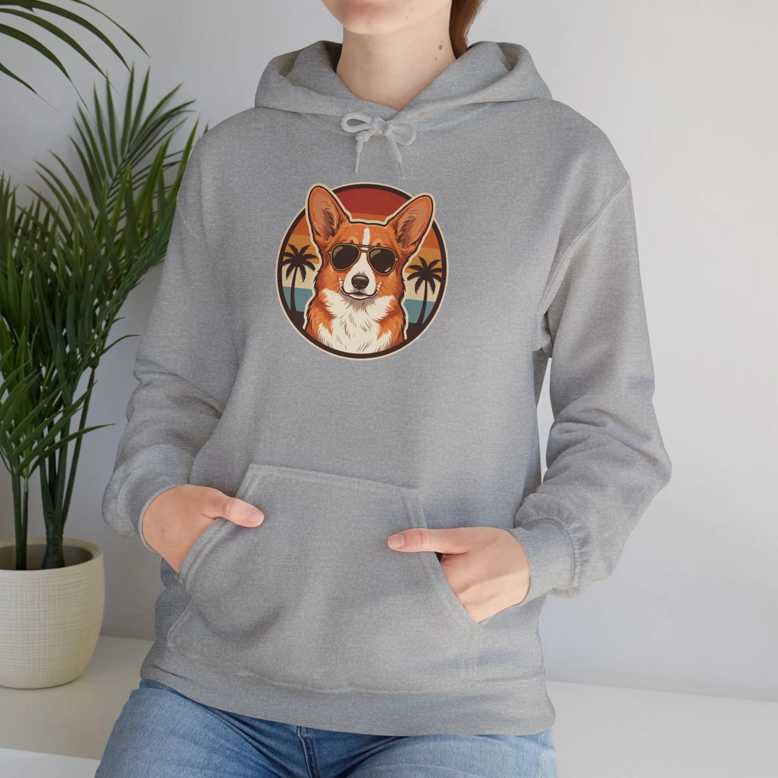 Corgi Aviator Retro Sunset Hoodie - Heavyweight Fleece Pullover - Unisex White