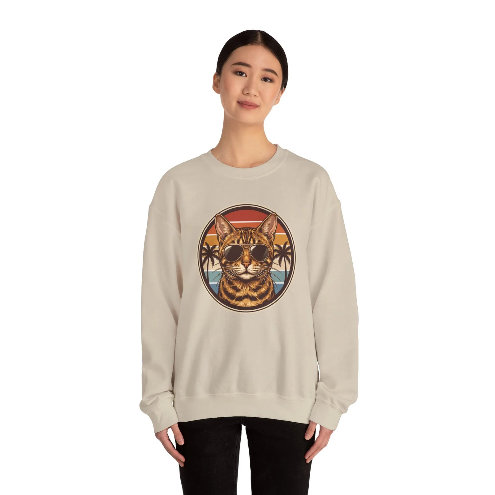 Bengal Cat Aviator Sunset Sweatshirt - Heavy Blend Fleece Crewneck - Unisex White