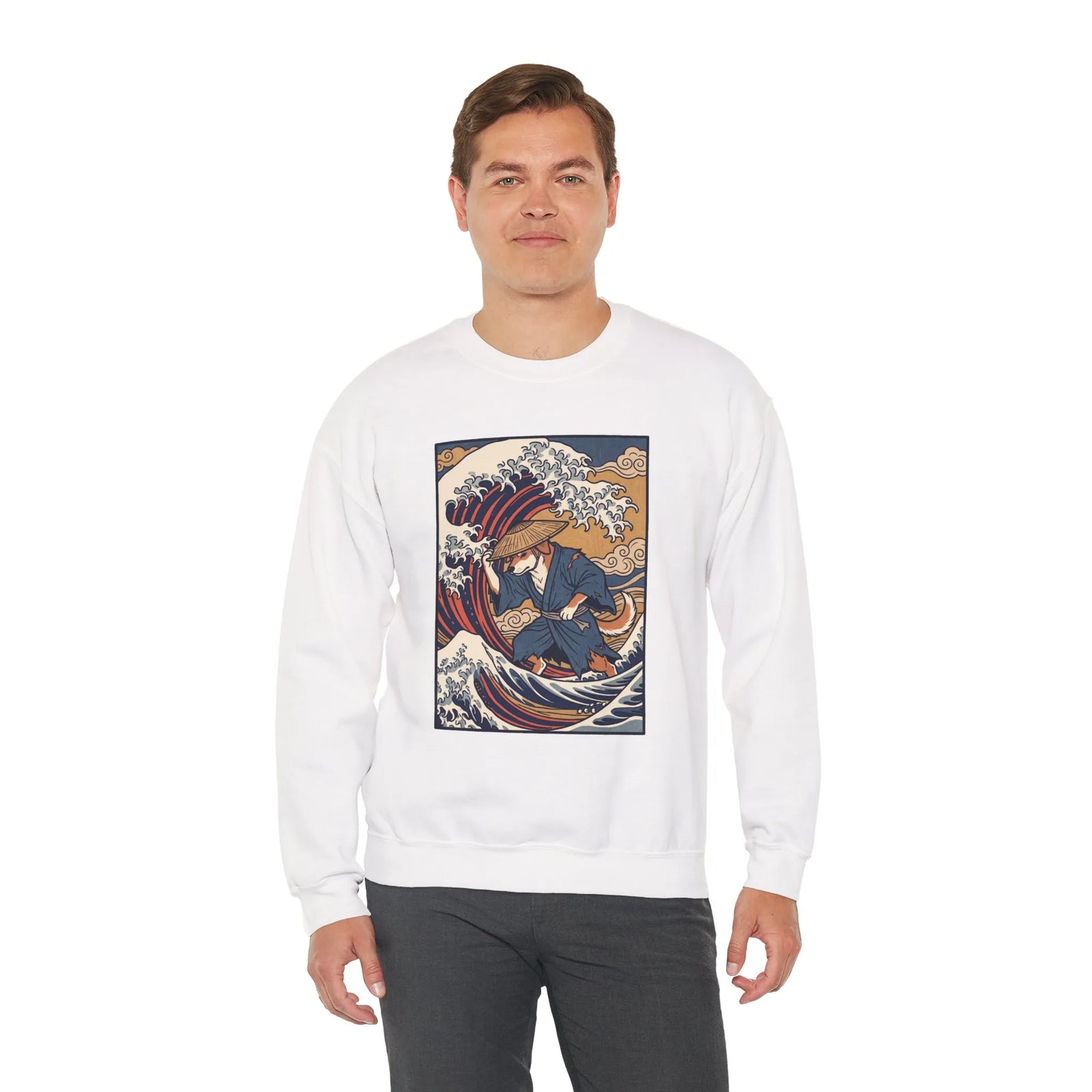 Ronin Wave Ukiyo-e Samurai Dog Sweatshirt - Heavyweight Cotton Blend Crewneck - Unisex White