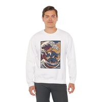 Ronin Wave Ukiyo-e Samurai Dog Sweatshirt - Heavyweight Cotton Blend Crewneck - Unisex White