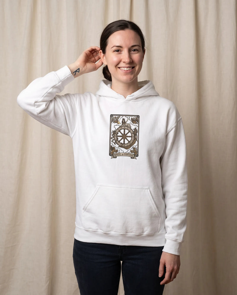 Wheel of Fortune Tarot Card Hoodie - Soft Fleece Blend Pullover - Unisex Off White