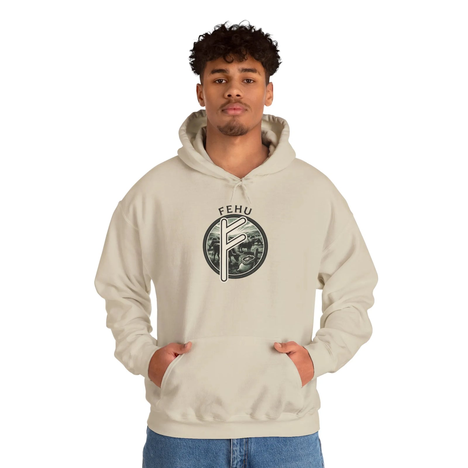 Fehu Runic Wealth Symbol Hoodie - Soft Cotton-Poly Blend Pullover - Unisex White