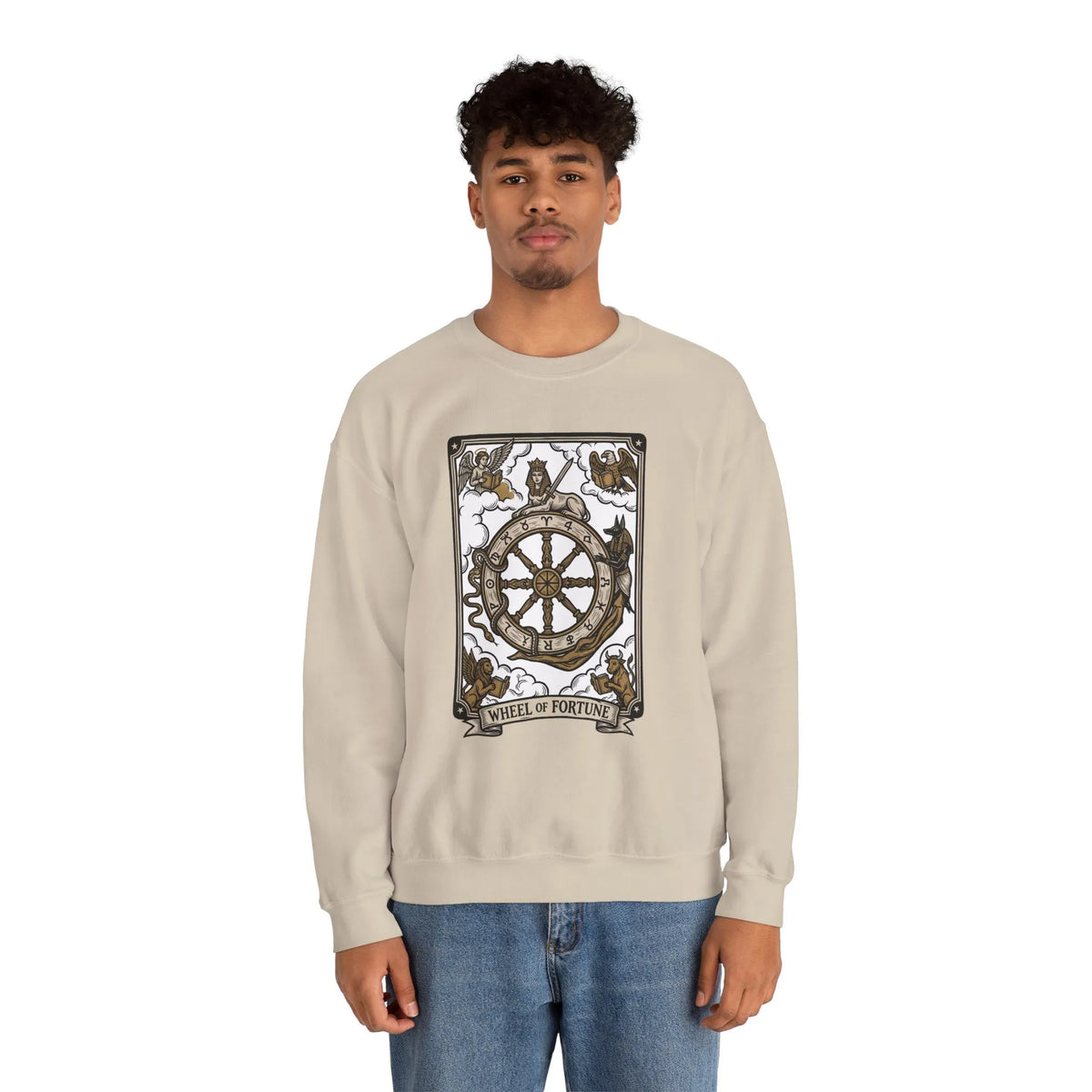 Wheel of Fortune Tarot Card Sweatshirt - Heavy Blend Crewneck Fleece - Unisex White