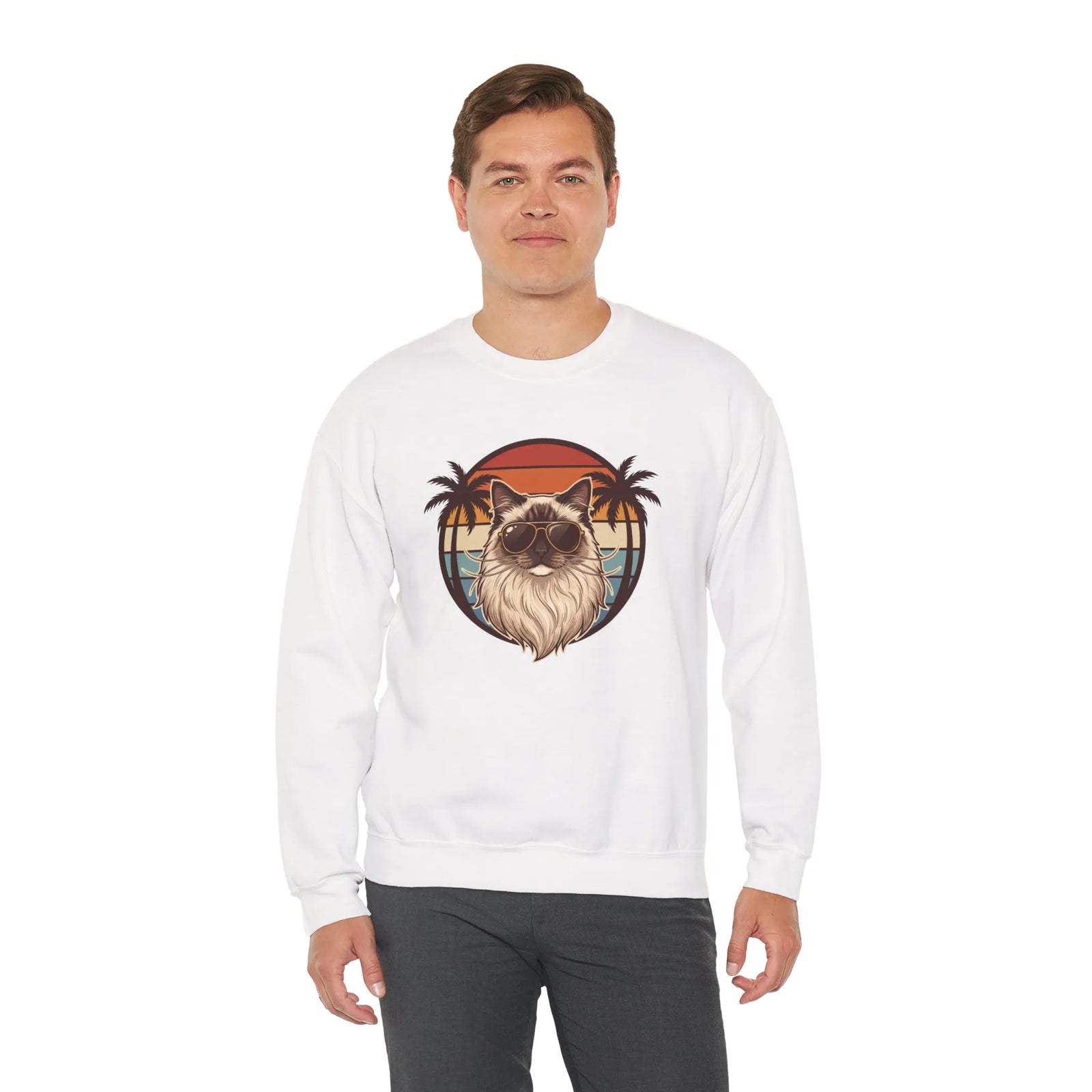 Ragdoll Cool Cat 70s Sunset Aviators Sweatshirt - Classic Fit Midweight Crewneck - Unisex White