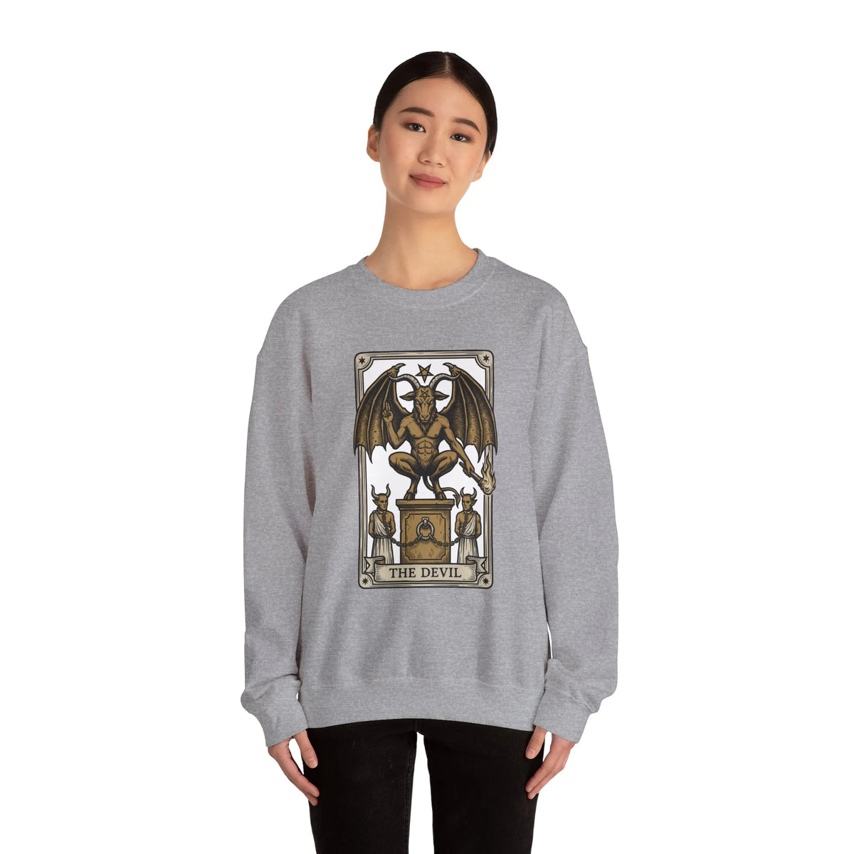 Devil Tarot Card Graphic Sweatshirt - Heavy Blend Fleece Crewneck - Unisex White