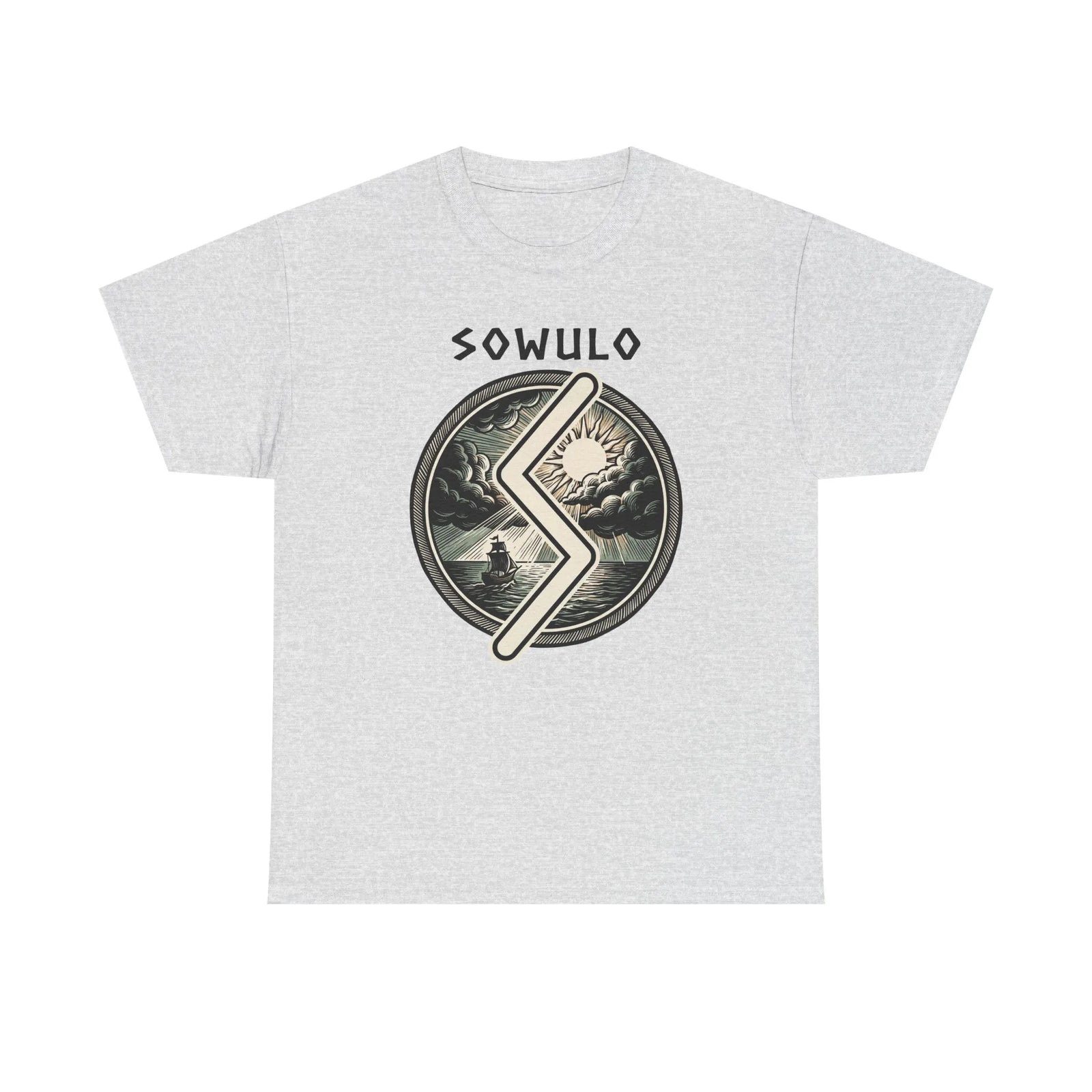 Sowulo Rune Sun & Sea Graphic T-Shirt - Heavy Cotton Classic Fit Tee - Unisex White