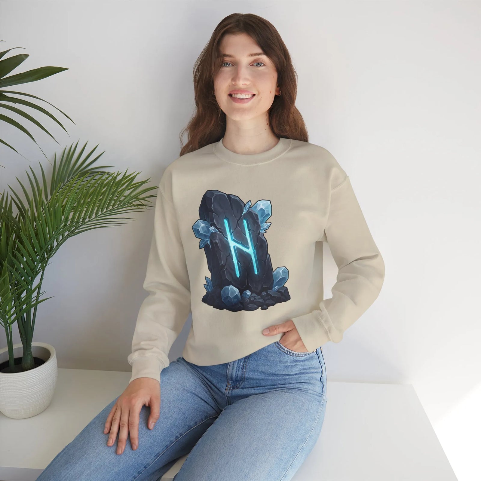 Hagalaz Rune Stone Graphic Sweatshirt - Heavy Blend Fleece Crewneck - Unisex White