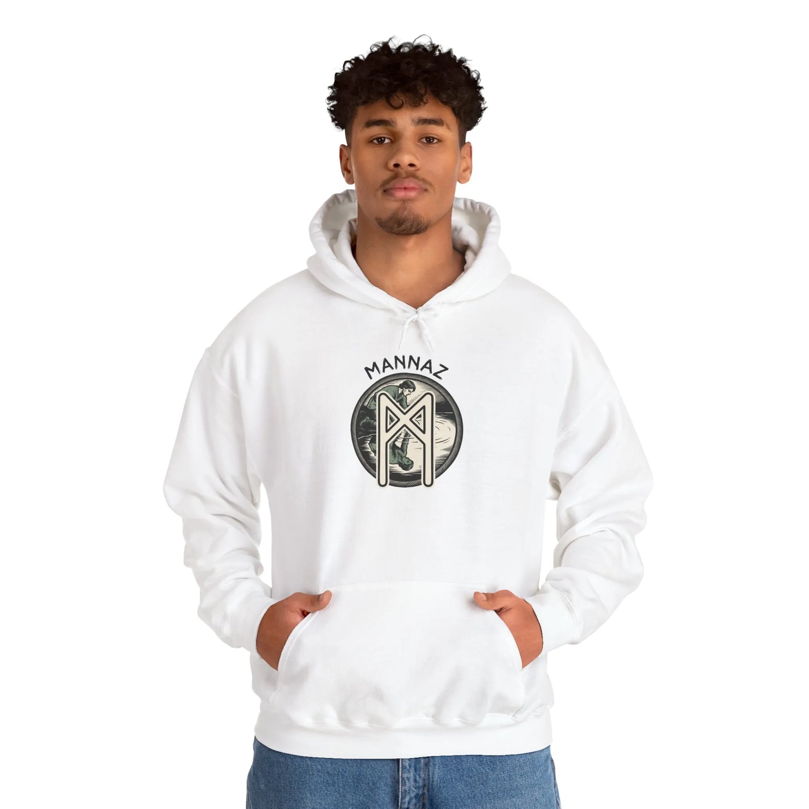 Mannaz Rune Symbol Graphic Hoodie - Heavy Blend Fleece Pullover - Unisex White