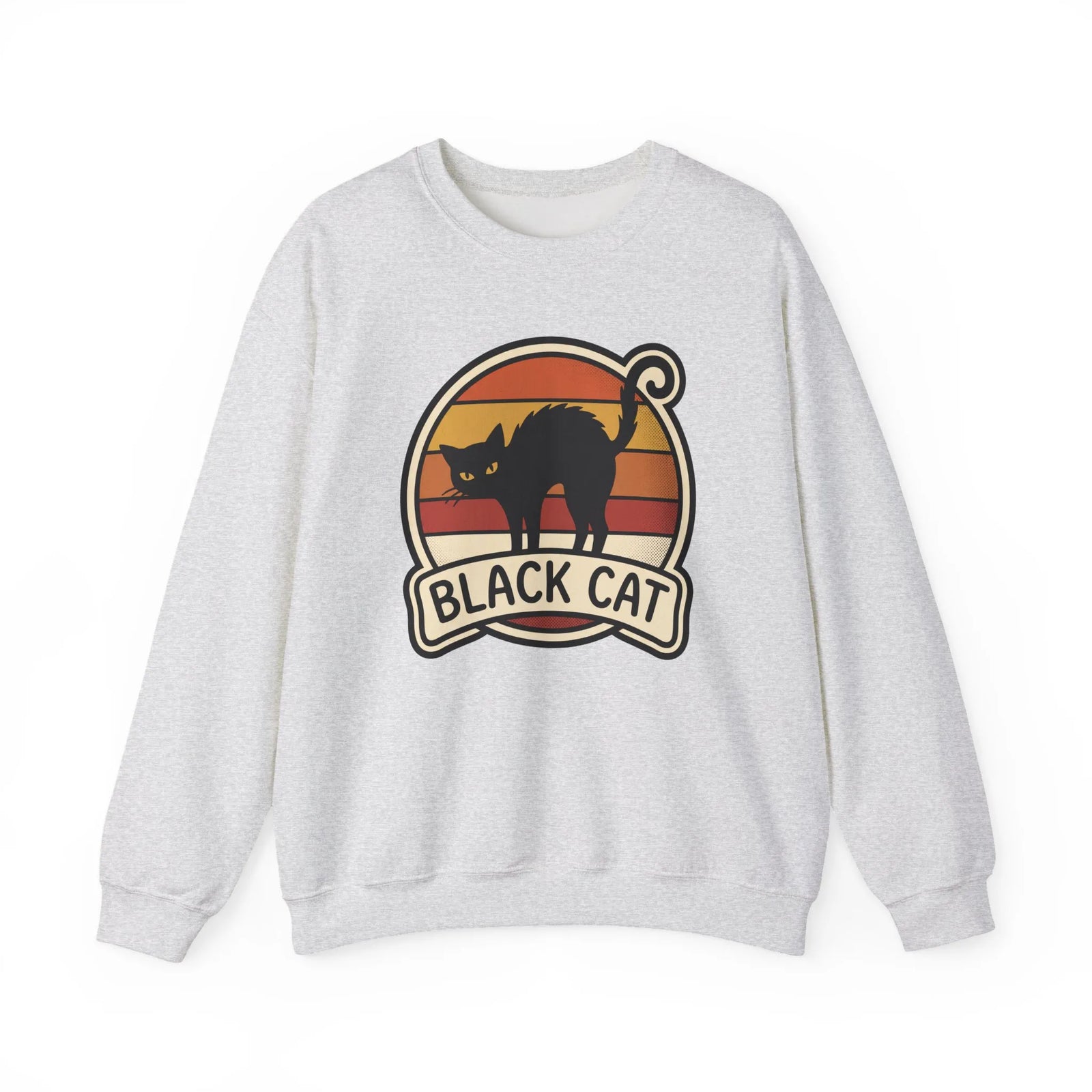 Black Cat Retro Sunset Sweatshirt - Heavy Blend Crewneck Fleece - Unisex White