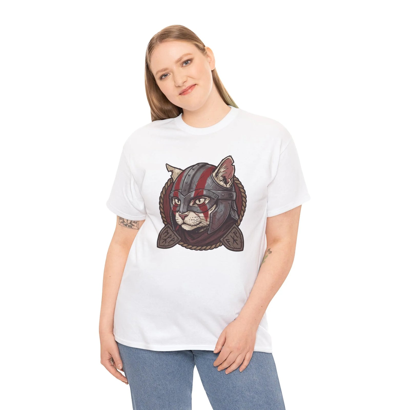 Viking Berserker Cat Graphic T-Shirt - Heavyweight Cotton Classic Fit Tee - Unisex White