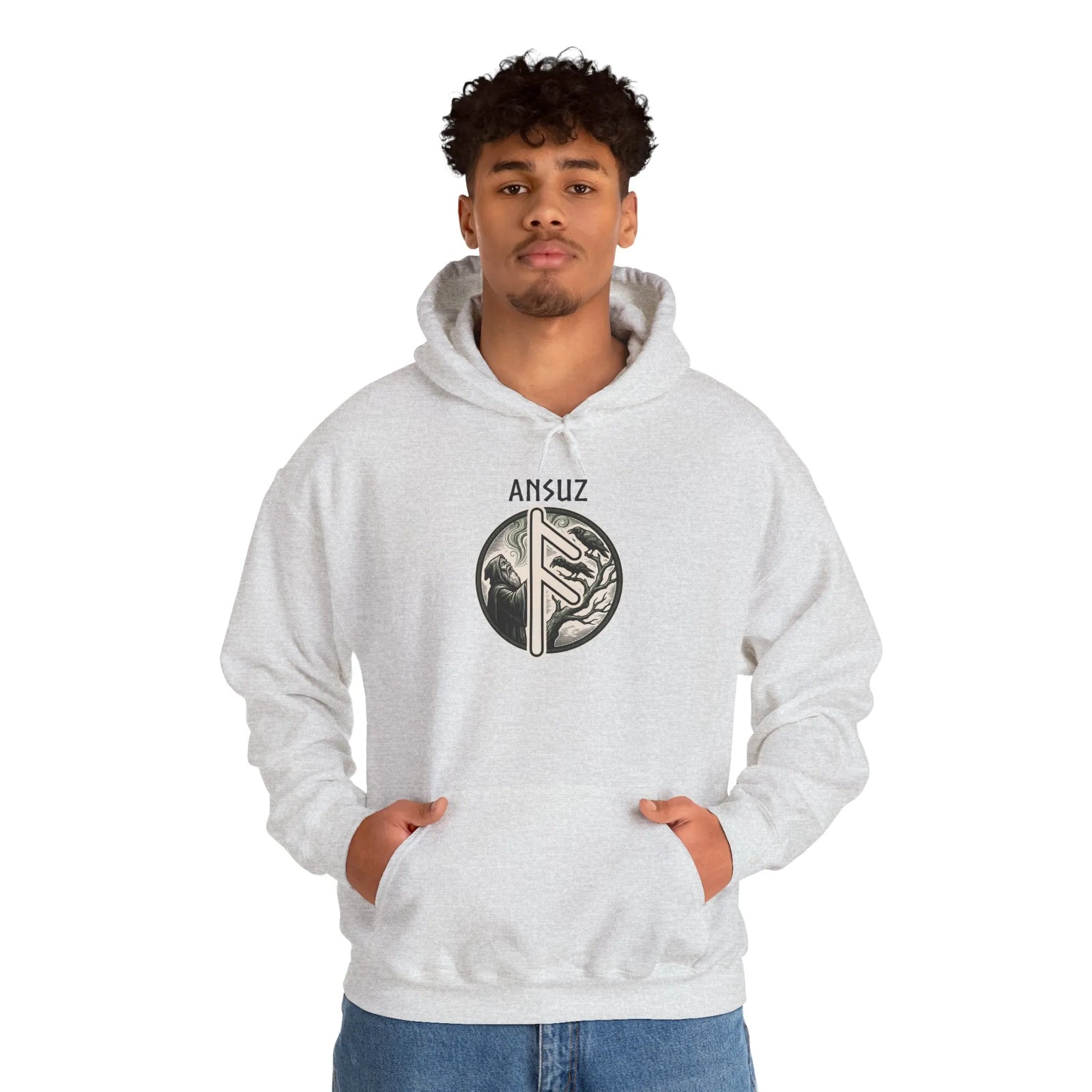 Ansuz Rune Norse Wisdom Graphic Hoodie - Heavy Blend Cotton-Poly Pullover - Unisex White