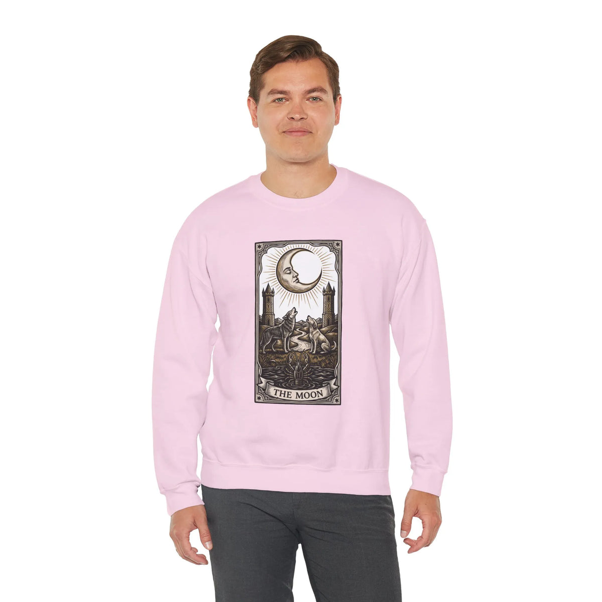 Moon Tarot Card Wolves Graphic Sweatshirt - Heavy Blend Fleece Crewneck - Unisex White