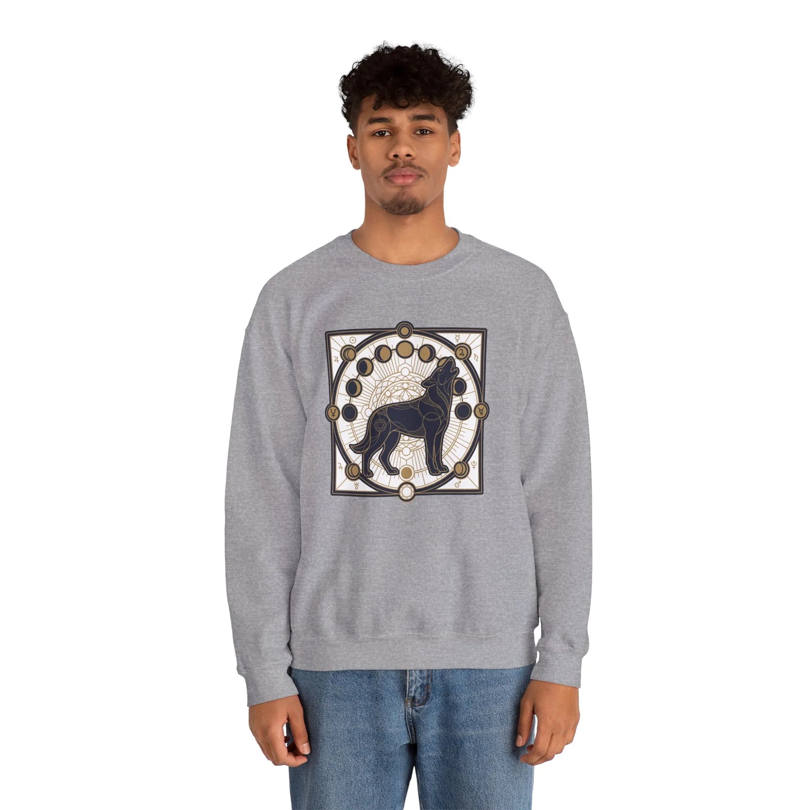 Sacred Geometry Spirit Dog Sweatshirt - Heavyweight Cotton Blend Crewneck - Unisex White