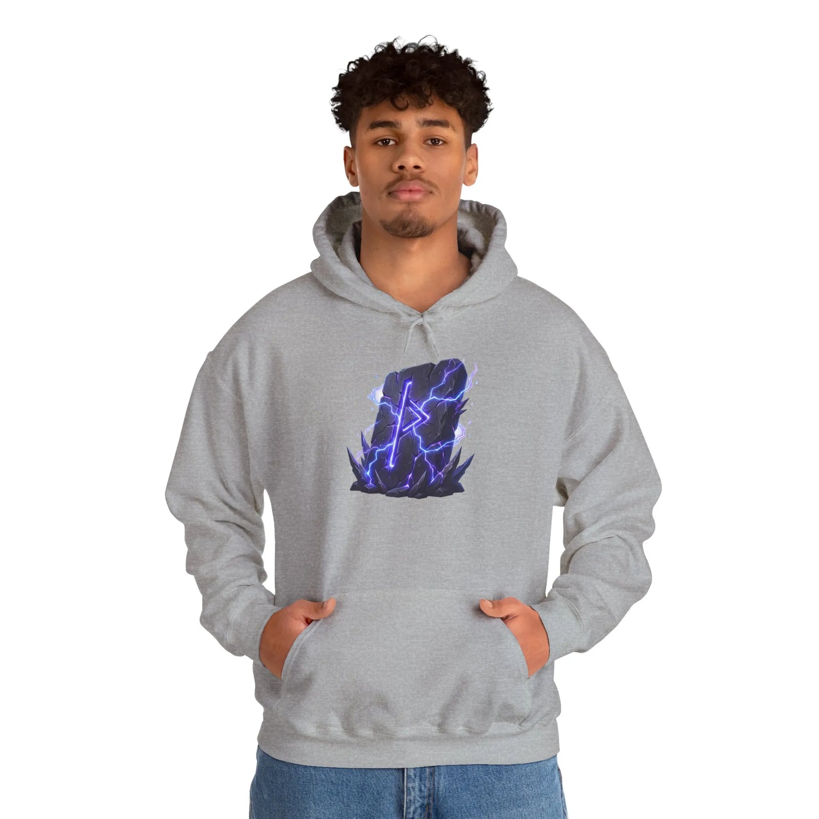 Thurisaz Rune Lightning Graphic Hoodie - Heavy Blend Fleece Pullover - Unisex White