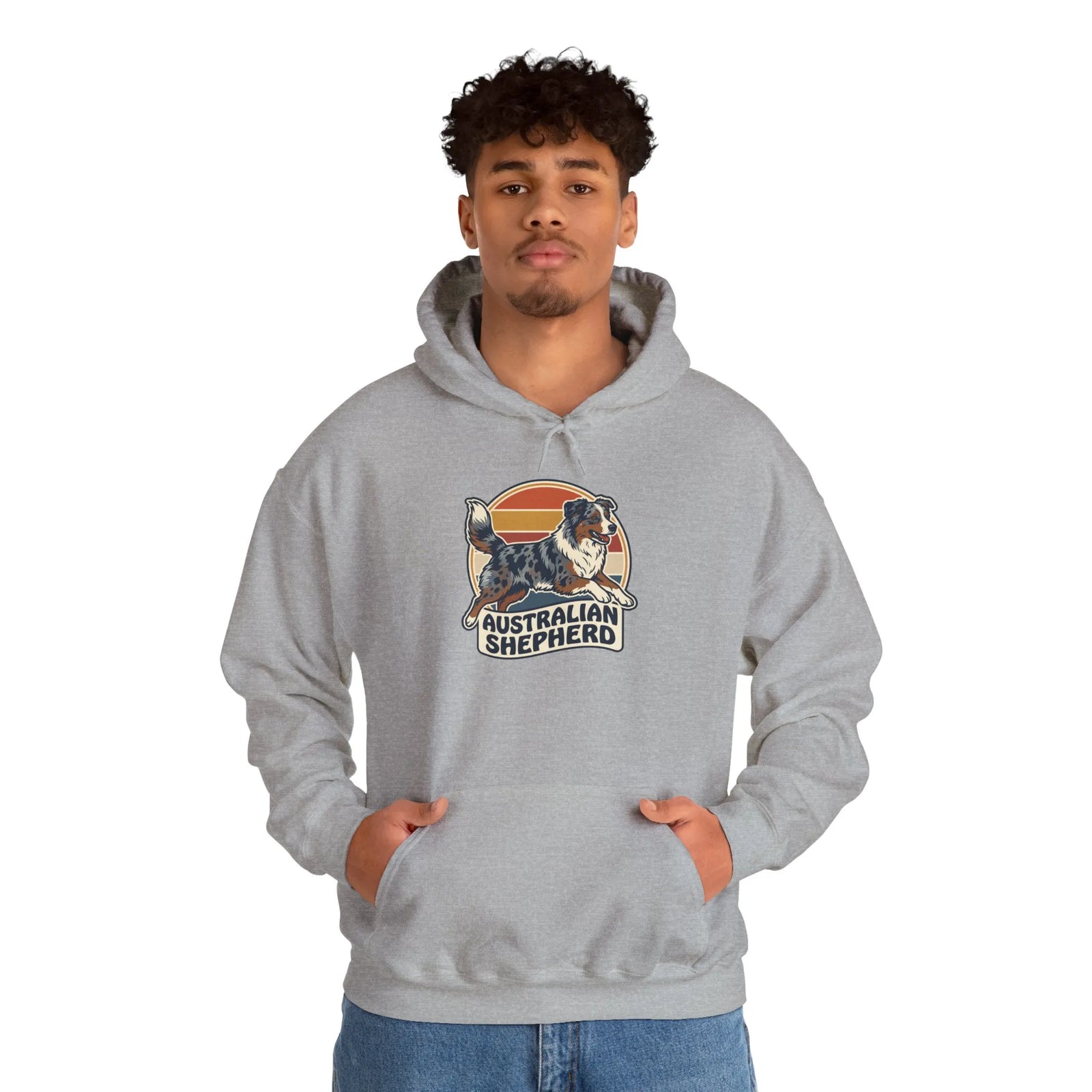 Australian Shepherd Retro 70s Sunset Hoodie - Heavy Blend Fleece Pullover - Unisex White