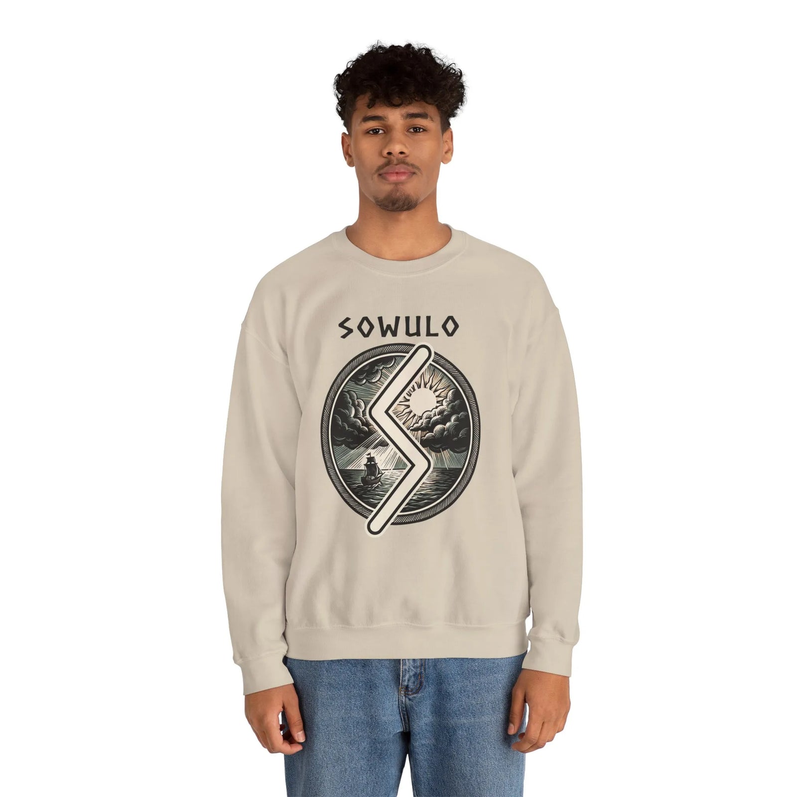 Sowulo Rune Sun Compass Sweatshirt - Heavy Blend Crewneck Fleece - Unisex White