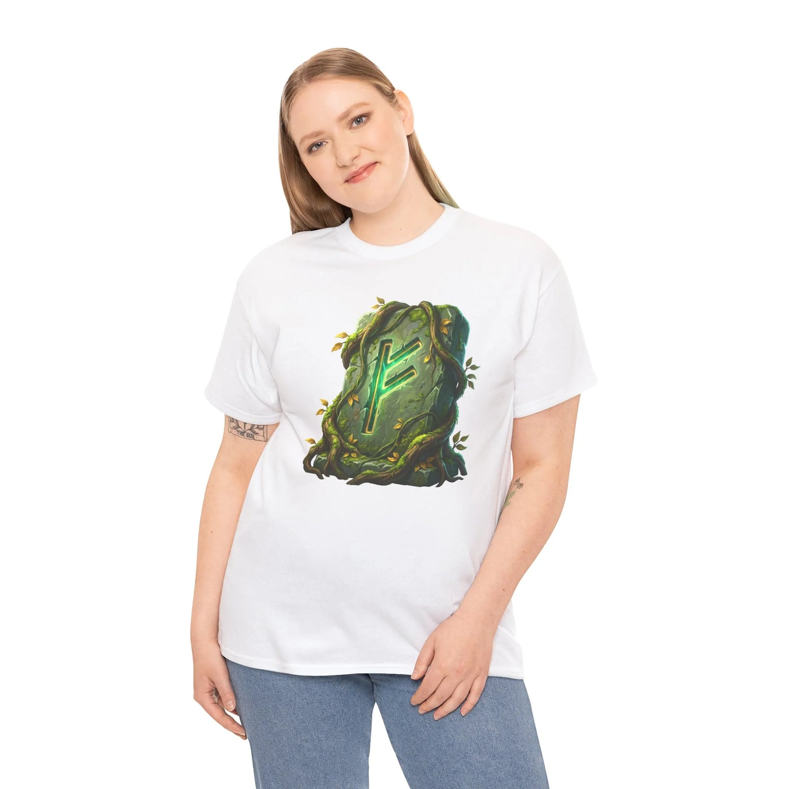 Fehu Rune Wealth Symbol T-Shirt - Heavy Cotton Classic Fit Tee - Unisex White