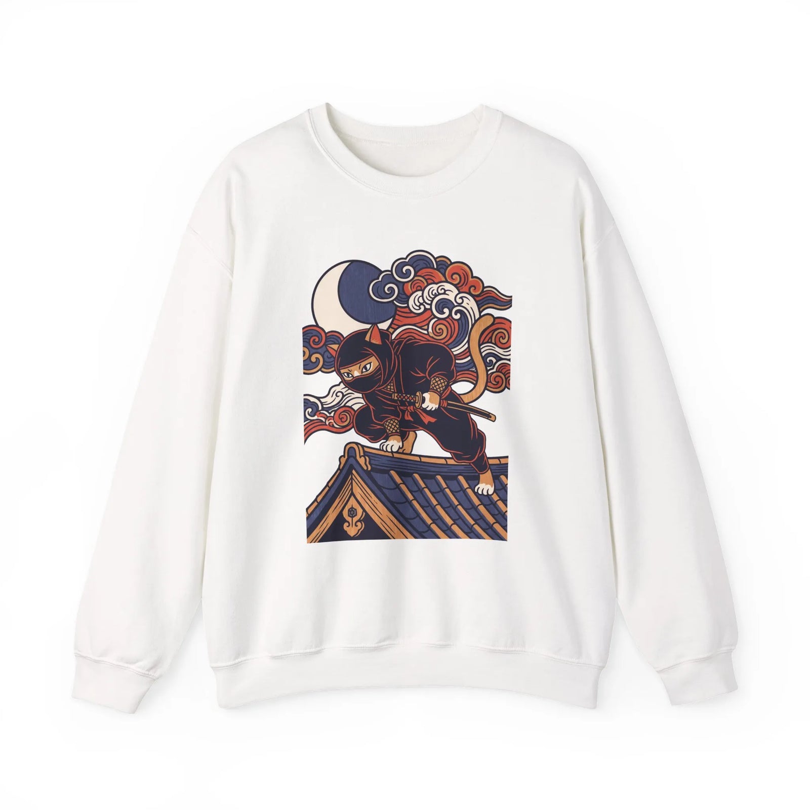 Ninja Cat Ukiyo-e Samurai Sweatshirt - Soft Heavyweight Fleece Crewneck - Unisex White