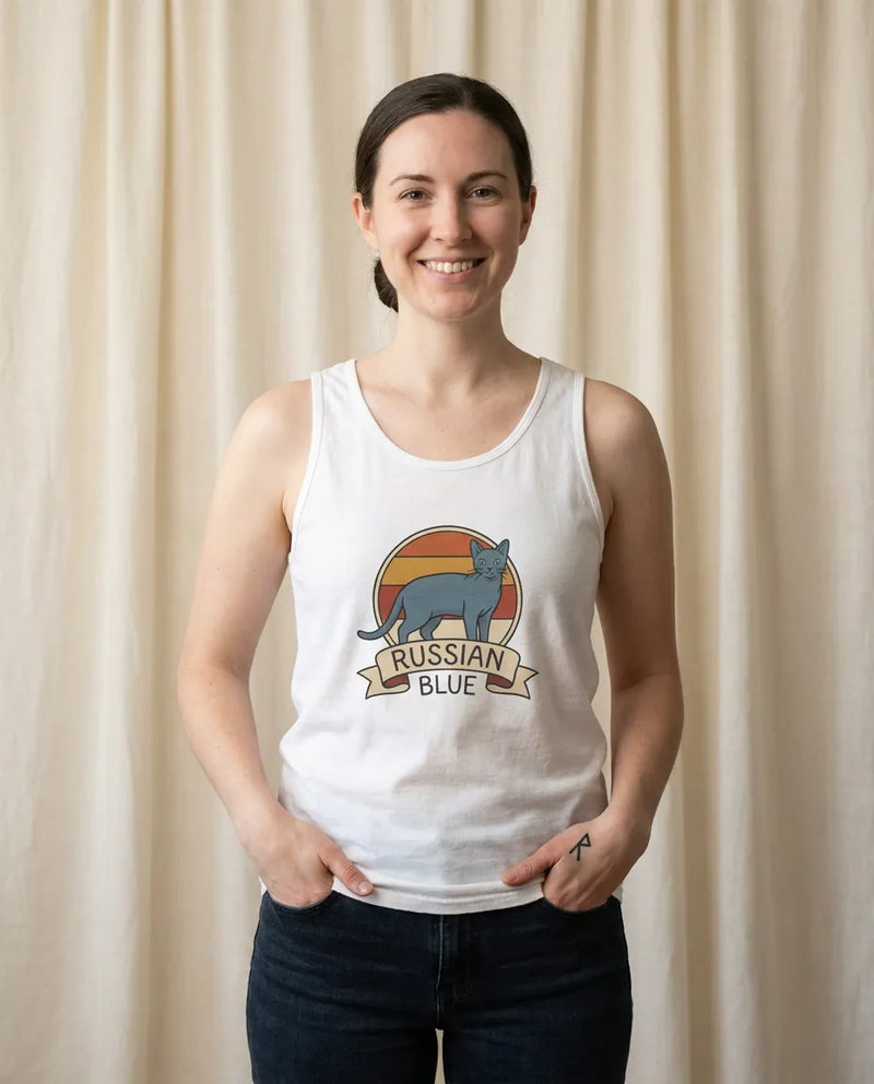 Russian Blue Retro 70s Sunset Tank Top - Soft Combed Cotton Retail Fit - Unisex White