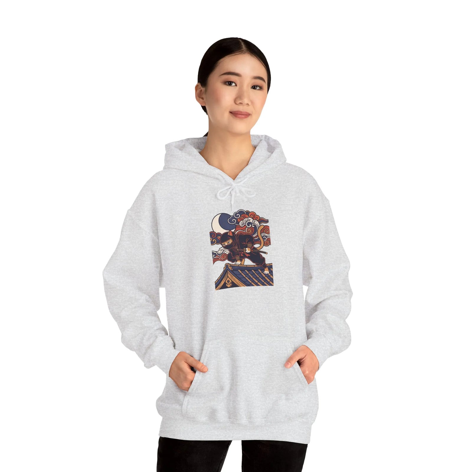 Ninja Cat Ukiyo-e Samurai Hoodie - Soft Fleece Blend Pullover - Unisex White