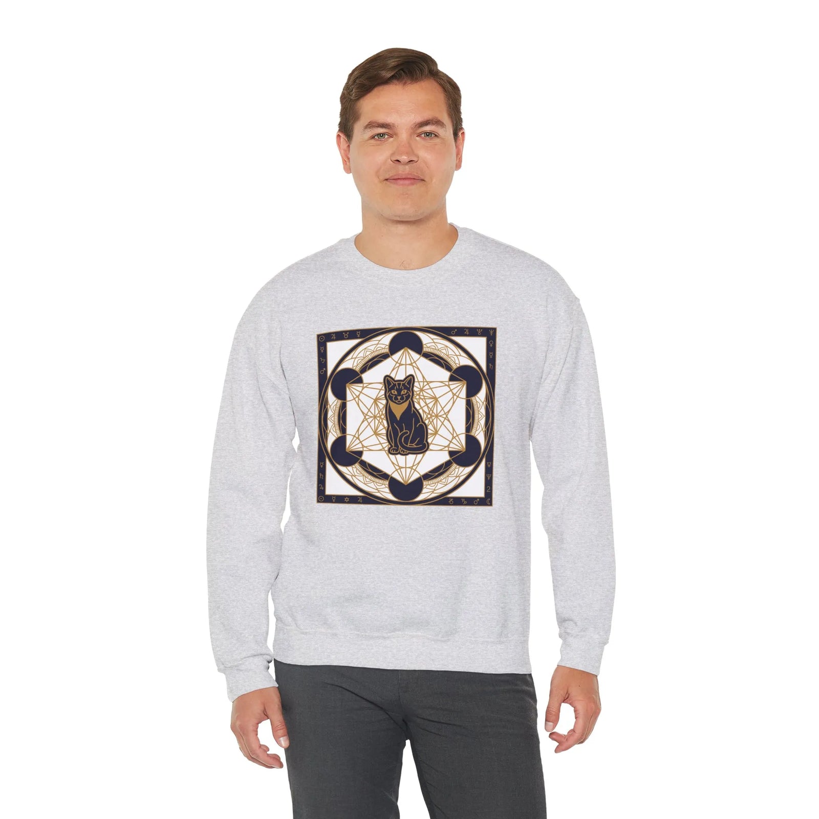Metatron's Cat Sacred Geometry Sweatshirt - Heavy Blend Fleece Crewneck - Unisex White