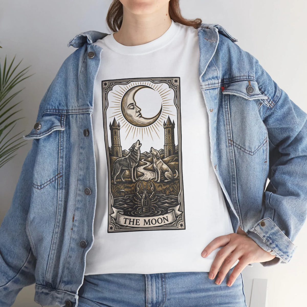 Moonlight Wolves Tarot Graphic T-Shirt - Heavy Cotton Classic Fit Crewneck - Unisex White