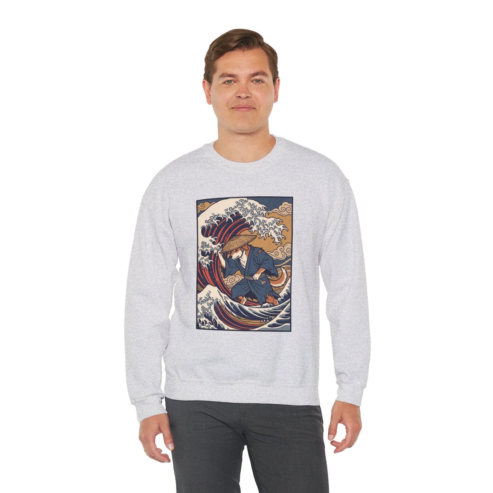 Ronin Wave Ukiyo-e Samurai Dog Sweatshirt - Heavyweight Cotton Blend Crewneck - Unisex White
