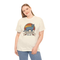 Russian Blue Retro 70s Sunset T-Shirt - Heavy Cotton Classic Fit Tee - Unisex White