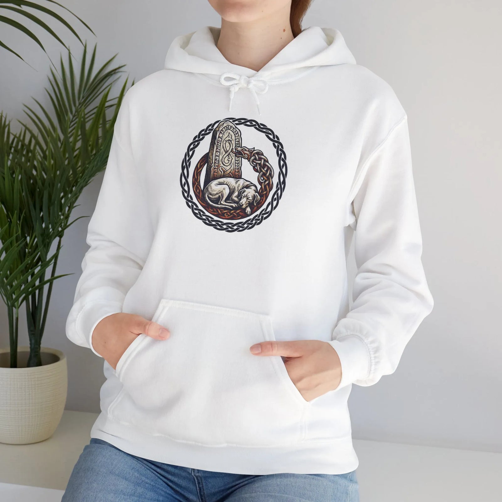 Norse Woodcut Runestone Hound Hoodie - Heavyweight Cotton Blend Pullover - Unisex White