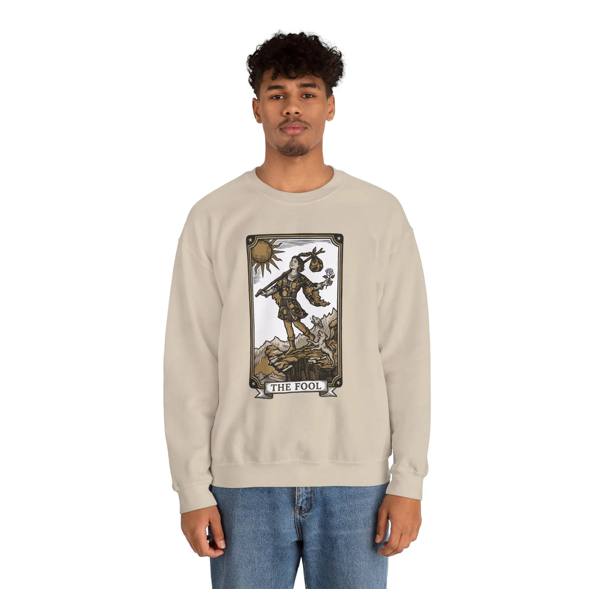 The Fool Tarot Card Graphic Sweatshirt - Heavy Blend Crewneck Fleece - Unisex White