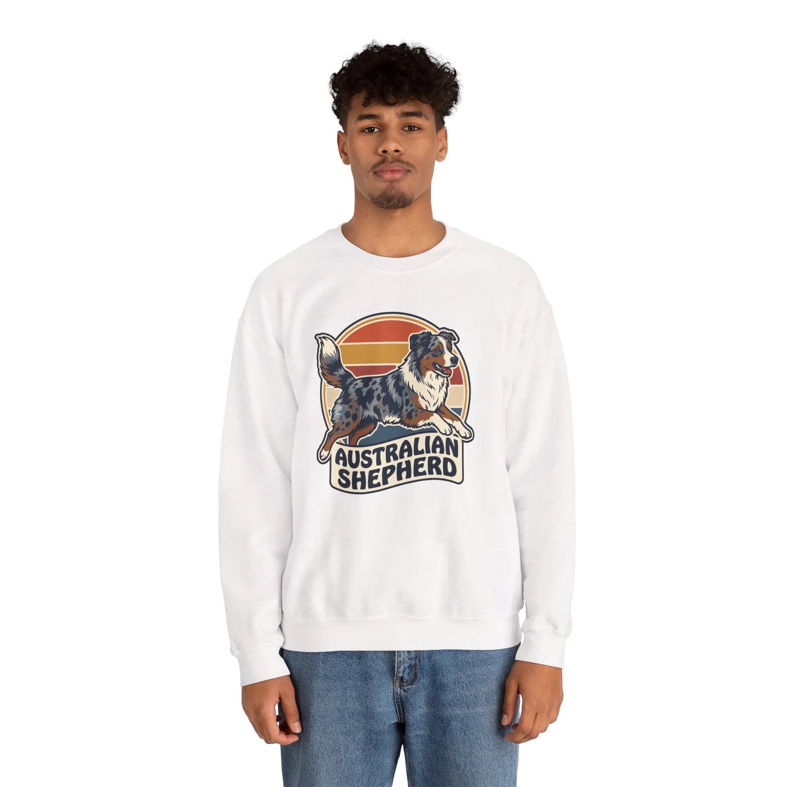 Australian Shepherd Retro 70s Sunset Sweatshirt - Heavy Blend Cotton Poly Crewneck - Unisex White