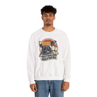 Australian Shepherd Retro 70s Sunset Sweatshirt - Heavy Blend Cotton Poly Crewneck - Unisex White