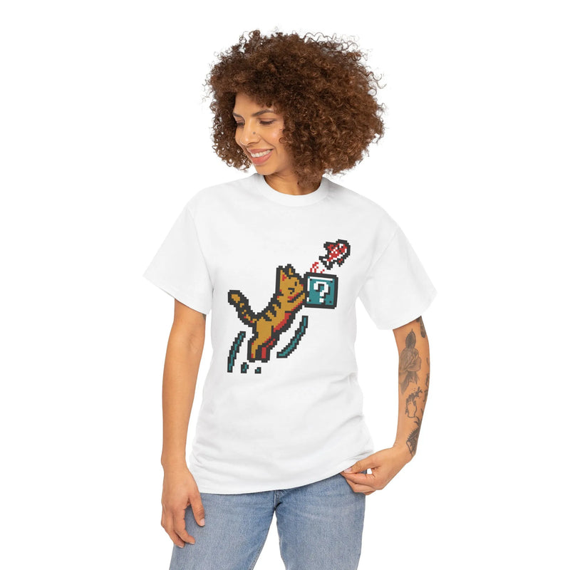 8-Bit Pixel Gaming Cats Graphic T-Shirt - Heavy Cotton Classic Fit Tee - Unisex White