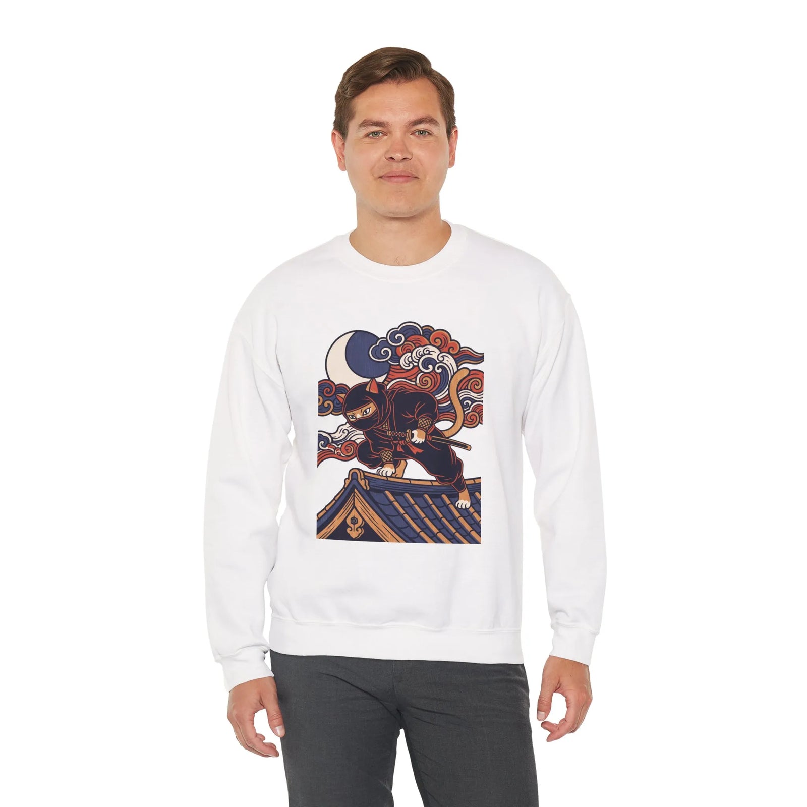 Ninja Cat Ukiyo-e Samurai Sweatshirt - Soft Heavyweight Fleece Crewneck - Unisex White