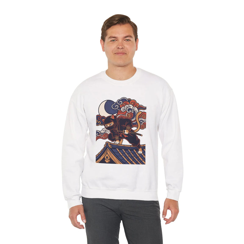 Ninja Cat Ukiyo-e Samurai Sweatshirt - Soft Heavyweight Fleece Crewneck - Unisex White