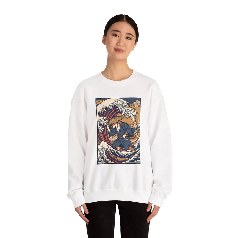 Ronin Wave Ukiyo-e Samurai Dog Sweatshirt - Heavyweight Cotton Blend Crewneck - Unisex White