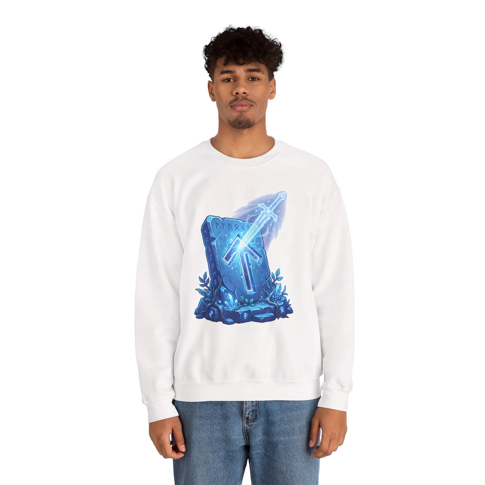 Tiwaz Rune Sword Graphic Sweatshirt - Heavy Blend Crewneck Fit - Unisex White