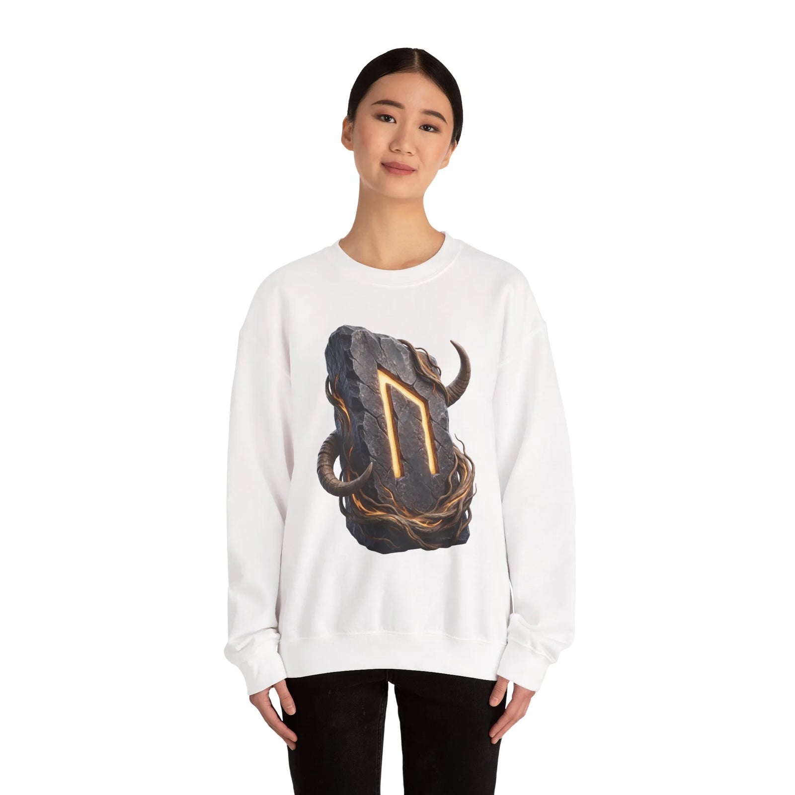 Uruz Rune Vitality Sweatshirt - Heavy Blend Crewneck Fleece - Unisex White