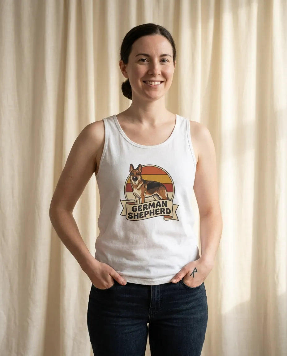 German Shepherd Retro Sunset Tank Top - Lightweight Jersey Retail Fit - Unisex White