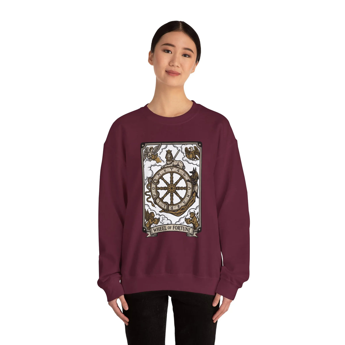Wheel of Fortune Tarot Card Sweatshirt - Heavy Blend Crewneck Fleece - Unisex White