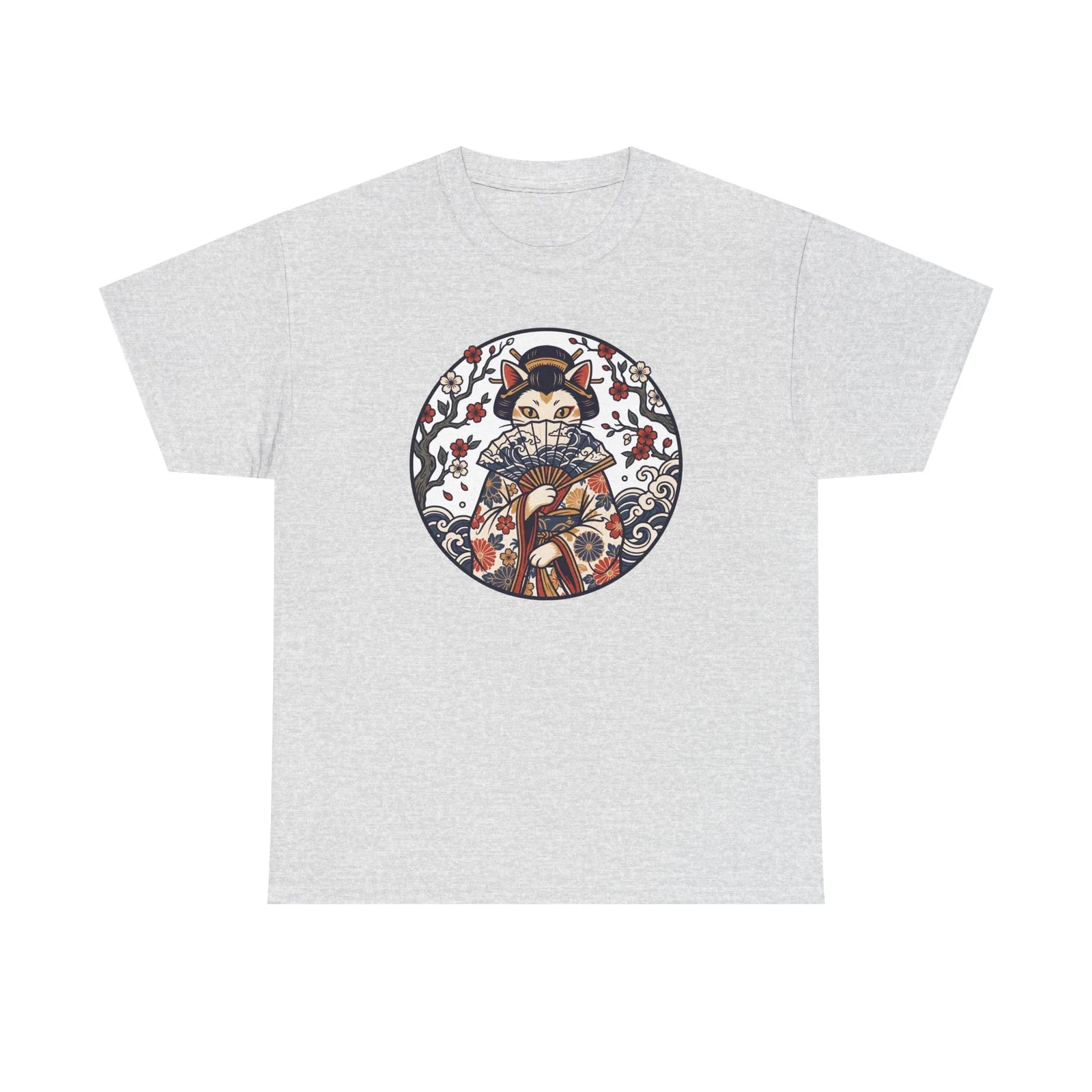 Ukiyo-e Samurai Cat Fan Dancer T-Shirt - Heavy Cotton Classic Fit Tee - Unisex White
