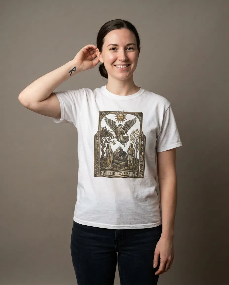 The Lovers Tarot Card Graphic T-Shirt - Heavy Cotton Classic Fit Tee - Unisex White